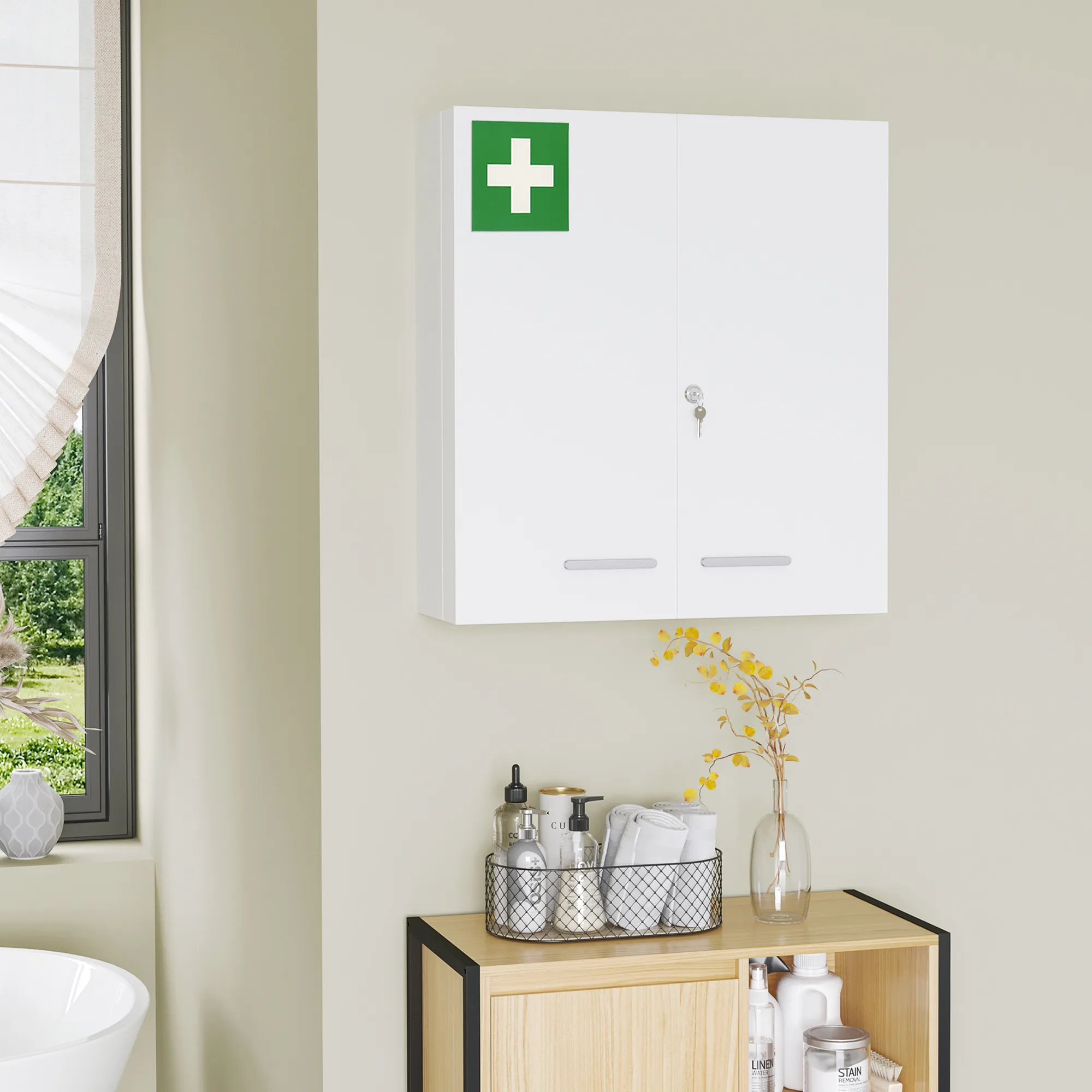 2DEURS APOTHEEKKASTJE VOOR WANDMONTAGE, STALEN MEDICIJNKASTJE MET 6 PLANKEN, WIT, 55 X 18 X 60 CM