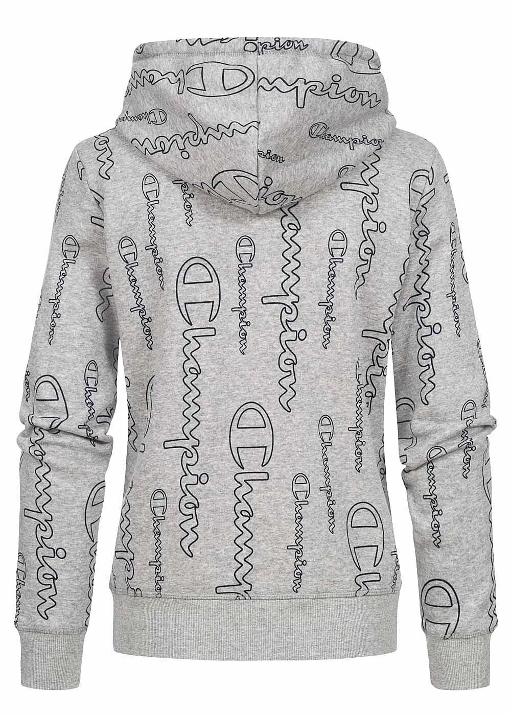 Champion Damen Hoodie Kängurutasche Kapuze Allover Logo Print grau